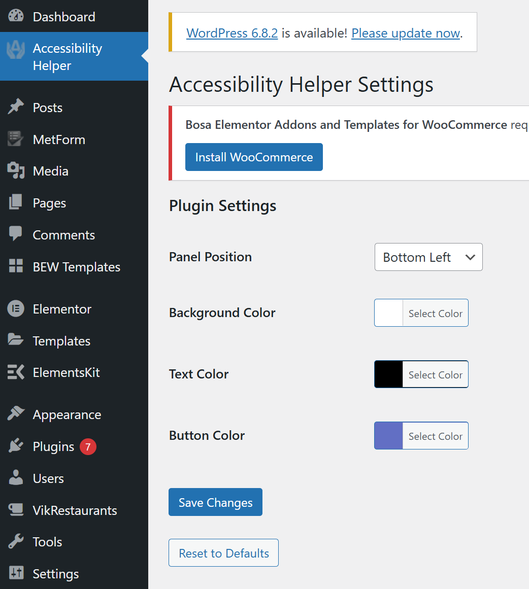 screenshot of showing the back end settings using the accessibility plugin