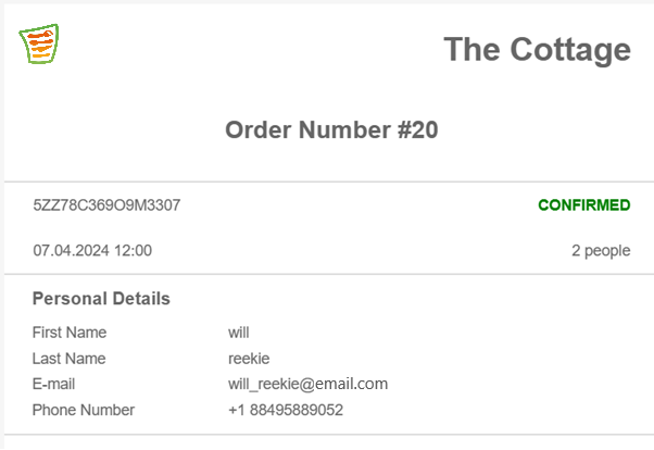 screenshot of email confirmation on the cottage website