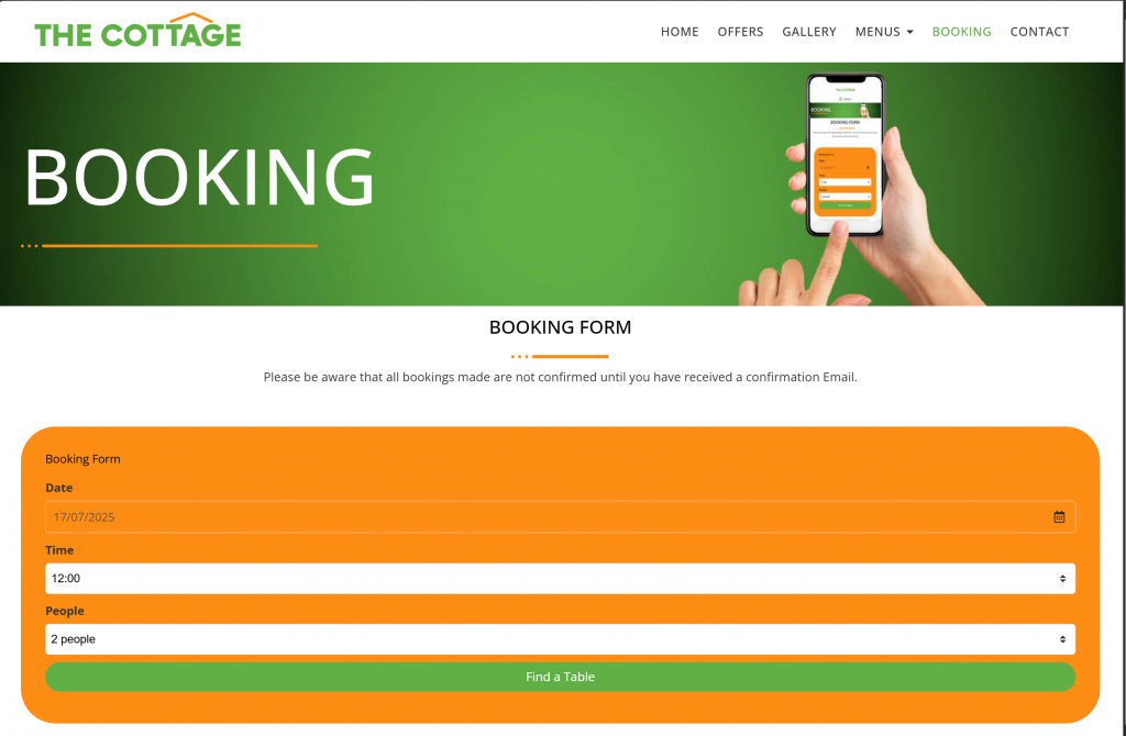 screenshot of a booking form on the cottage website