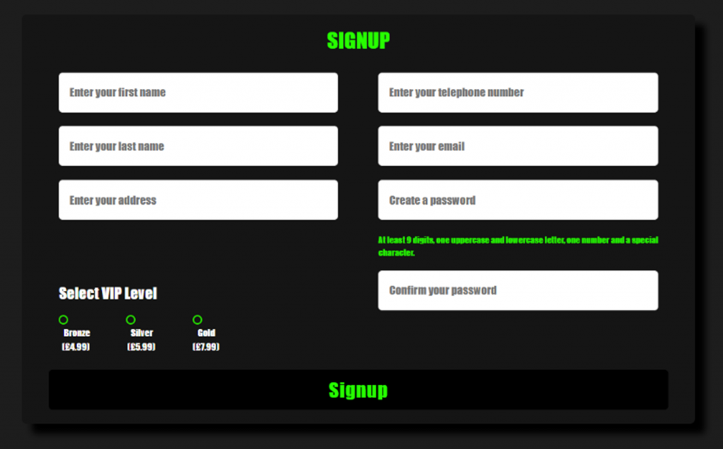 screenshot of a sign up form used on the streamflix website