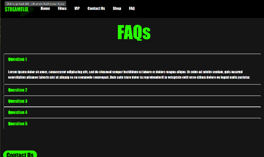 screenshot of faqss used on the streamflix website