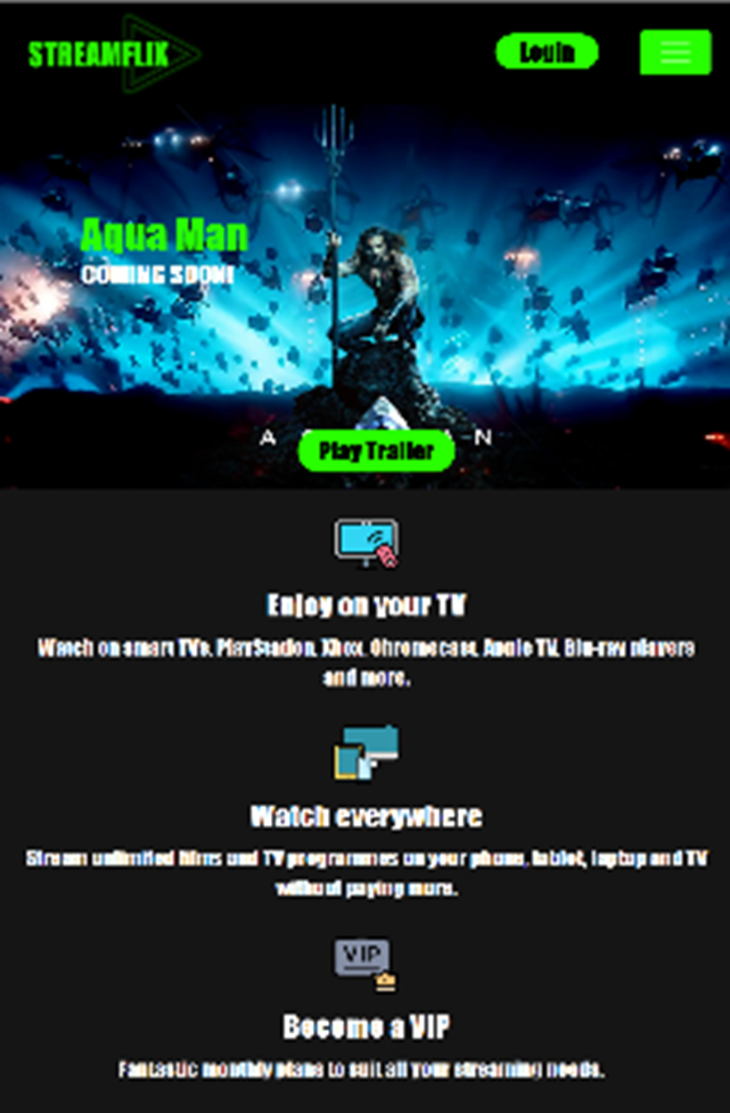 screenshot of streamflix website homepage on mobile