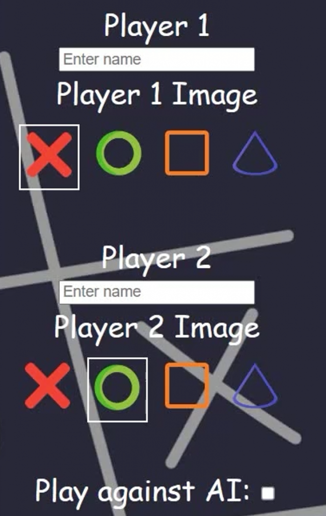Screenshot of player customisation on the tik tak toe game