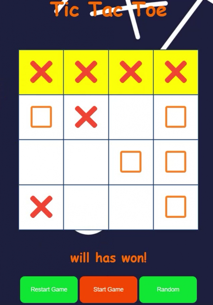 screenshot of a winning line on the tik tak toe game